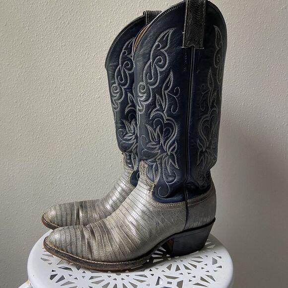 VINTAGE JUSTIN BLUE TEJU LIZARD COWBOY BOOTS TEGU Size 6B‎ - Picture 1 of 4